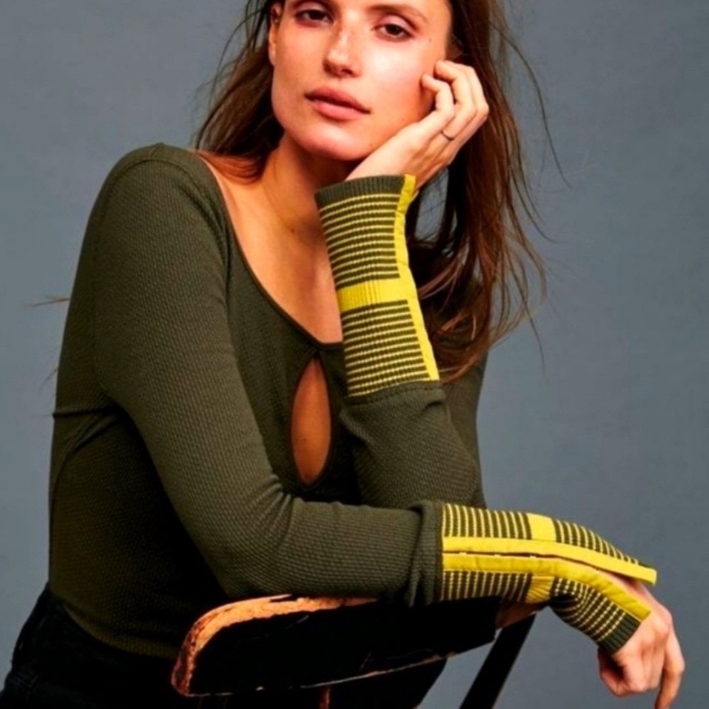 Free People Mod Striped Cuff thermal long-sleeve scoop neck top Olive Green XS